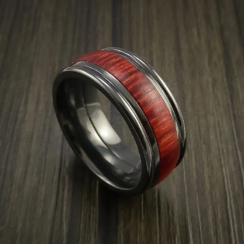 women’s statement rings for casual wear -Black Titanium ring with Wood Inlay Custom Made Wedding Men's Band