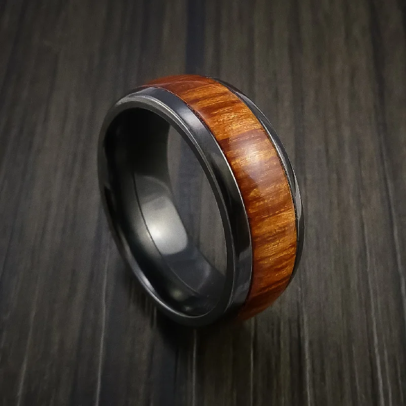 men’s wedding band with engraving -Black Titanium Men's Ring with Wood Inlay Custom Made Wedding Band