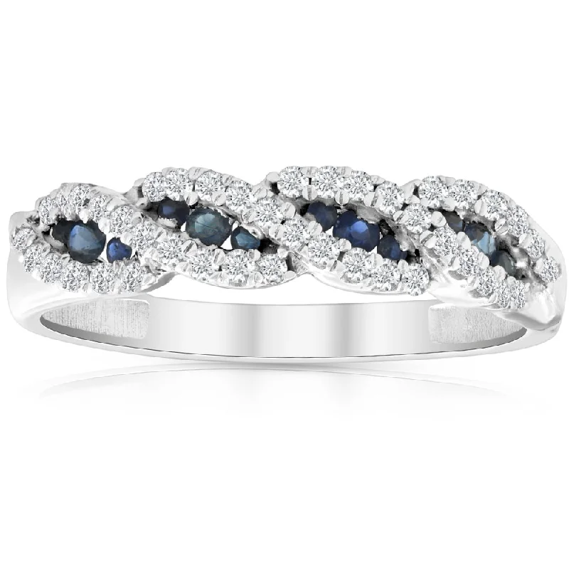 sterling silver ring for women -1/3 Ct Blue Sapphire & Diamond Ladies Swirl Wedding Ring 10k White Gold