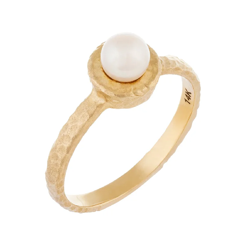 wedding rings with emerald for women -14k Yellow Hammered Gold Pearl Ring