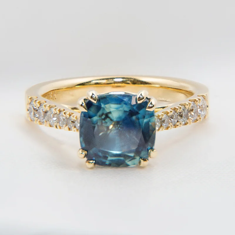 vintage gold ring for men -Cushion Sapphire Trellis Ring with Grey Diamonds in 18k Gold