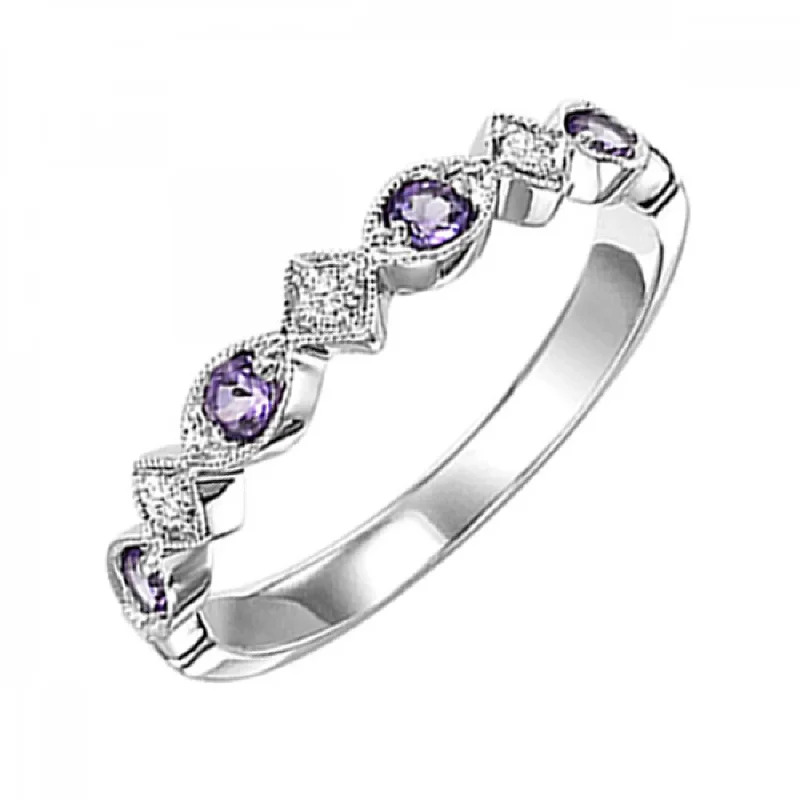 personalized birthstone ring for her -Stackable Round Amethyst and Diamond Ring Band in10k White Gold