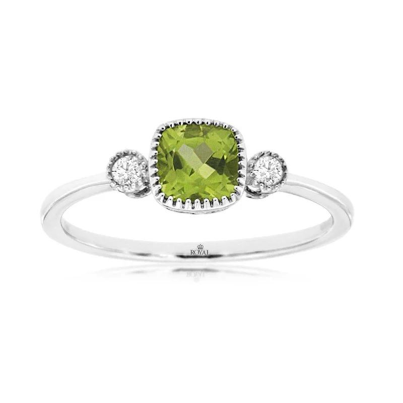 men’s gold wedding ring with diamonds -Cushion Cut Green Peridot and Round Diamond Three Stone Ring in White Gold