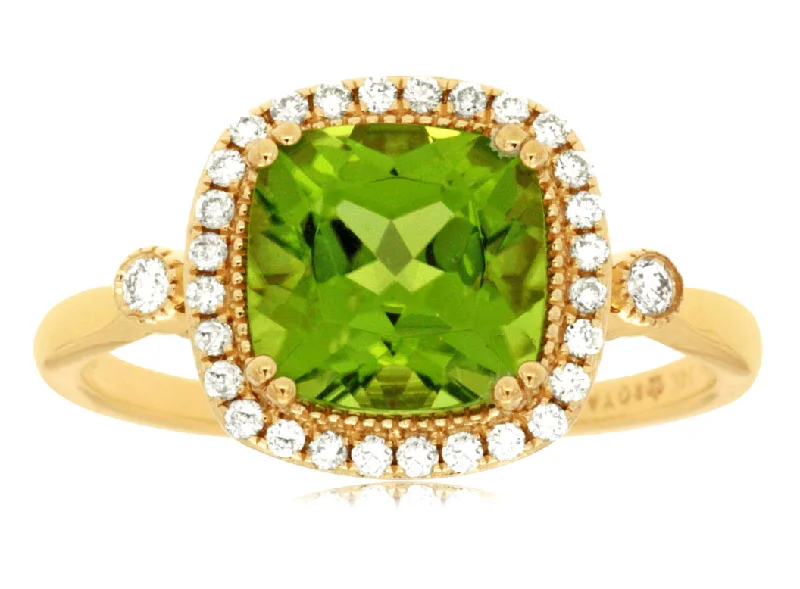 vintage diamond ring for engagement -Cushion Cut Peridot and Diamond Halo Ring