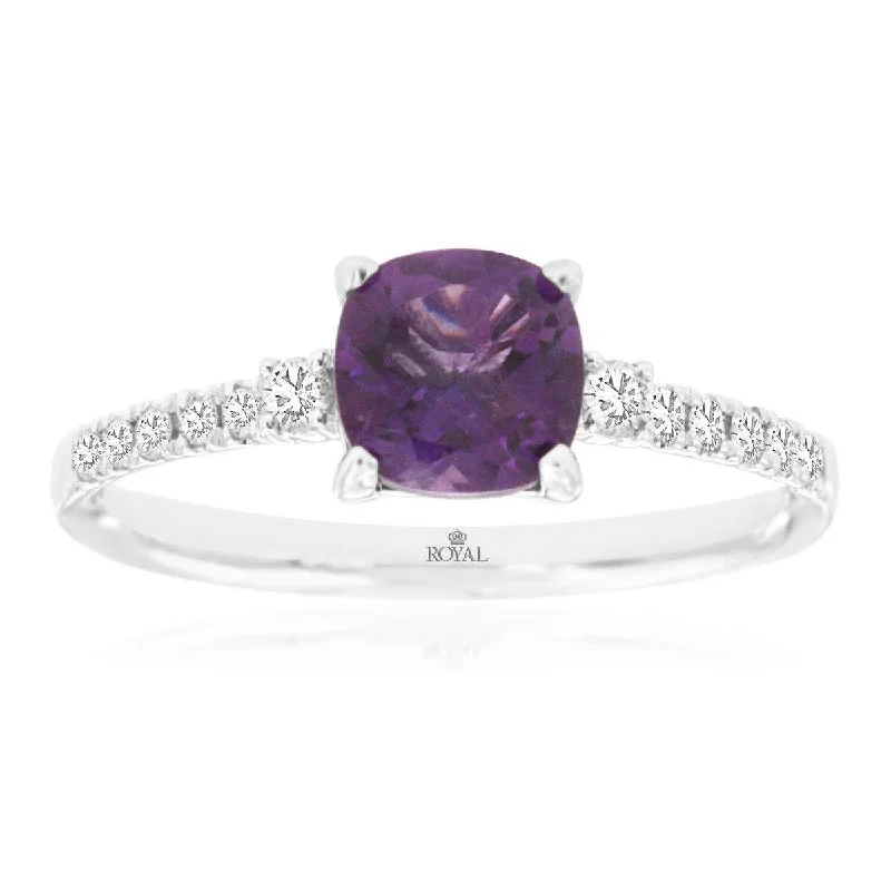 black diamond ring for men -Cushion Cut Purple Amethyst Ring with Pave Diamond Band in White Gold