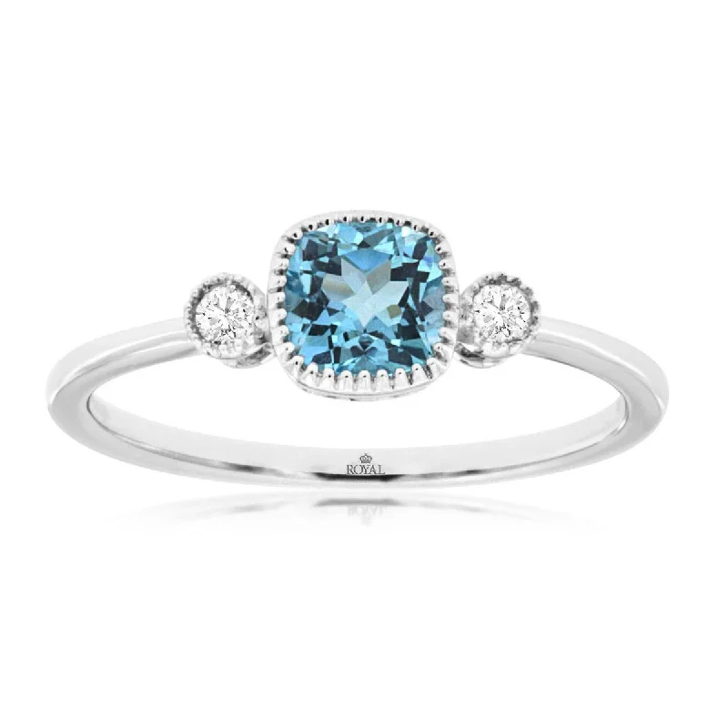 halo engagement ring for women -Cushion Cut Swiss Blue Topaz and Round Diamond Three Stone Ring in White Gold