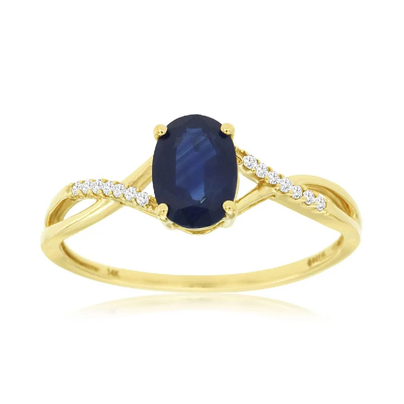 custom wedding rings for couples -Dainty Blue Oval Sapphire Crossover Diamond Band Ring in Yellow Gold