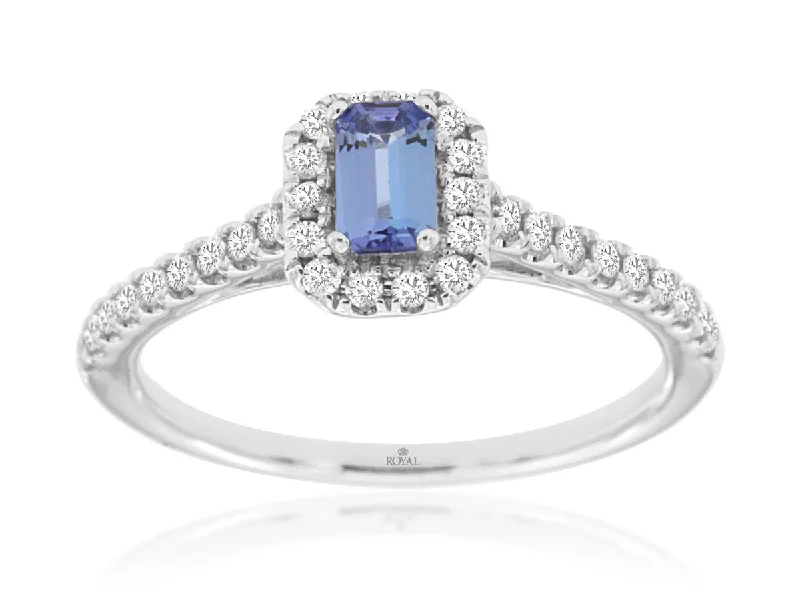 gold signet ring for men -Emerald Cut Blue Tanzanite Diamond Halo Ring in 14k White Gold