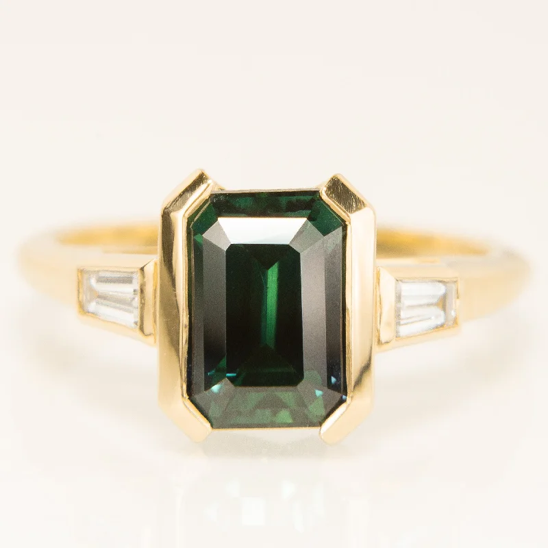 pearl ring for brides -Emerald Cut Teal Sapphire Trilogy Ring in 18k Yellow Gold