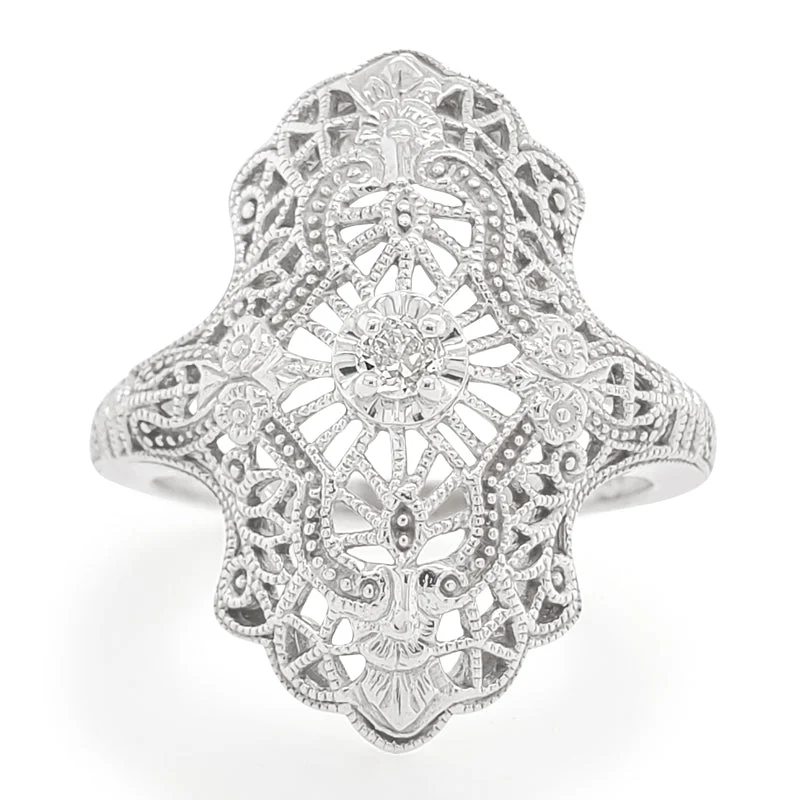 heart-shaped engagement ring for her -Intricate Lacy Filigree Diamond Ring in 10k White Gold, 0.05 cttw