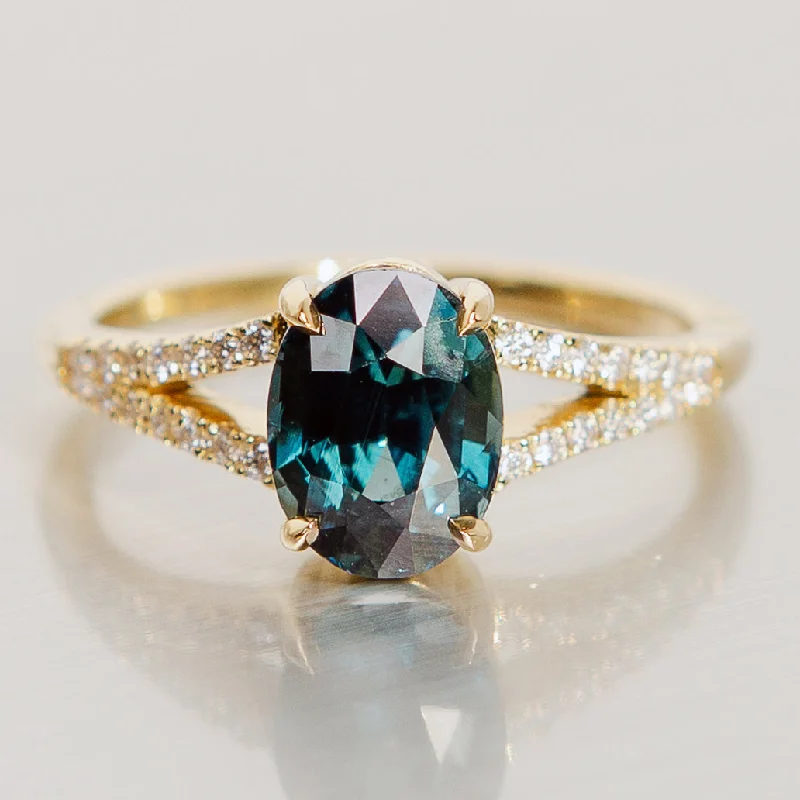 gemstone ring for men -Juniper Pave Ring - Teal Sapphire in 18k Yellow Gold