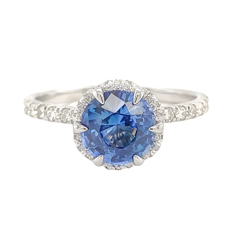 princess cut engagement ring for women -Luminous Blue Round Sapphire Diamond Halo Pave Ring in White Gold