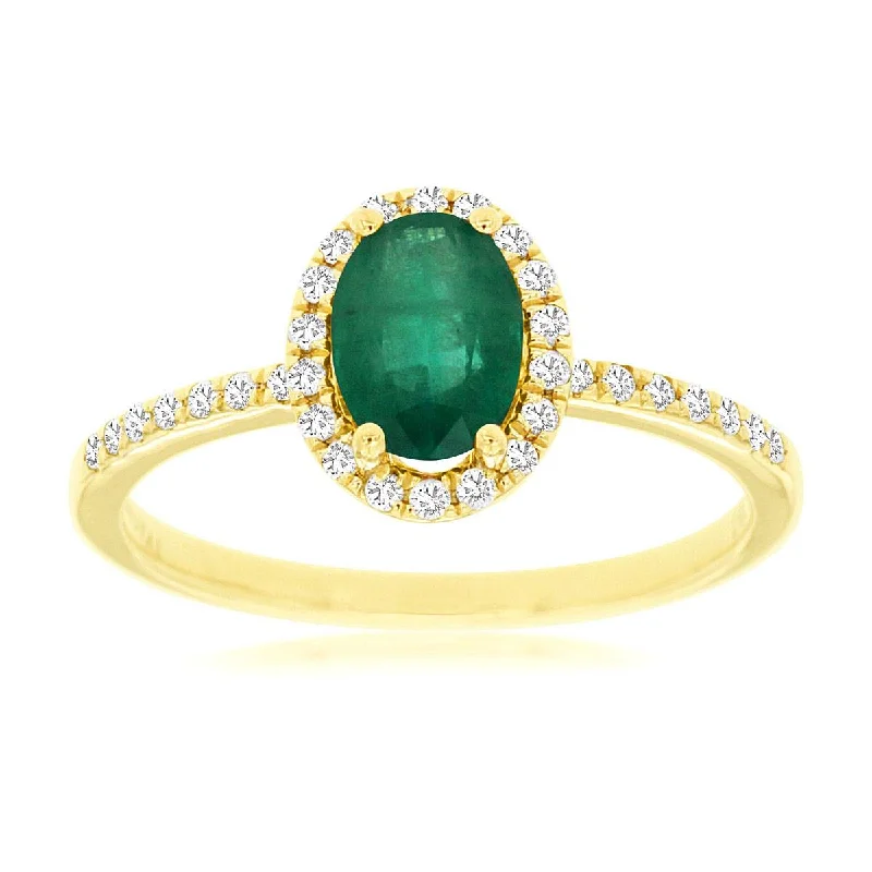 diamond solitaire ring for women -Natural Green Oval Emerald Diamond Halo Pave Band Ring in Yellow Gold