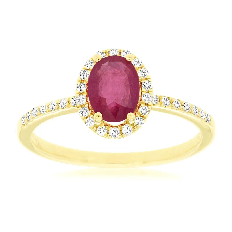 elegant diamond wedding ring for women -Natural Red Oval Ruby Diamond Halo Pave Band Ring in Yellow Gold