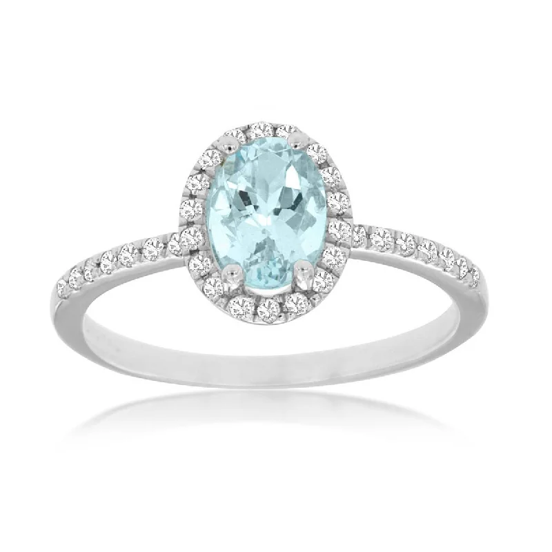 women’s statement rings for casual wear -Oval Blue Aquamarine Diamond Halo Pave Band Ring in White Gold