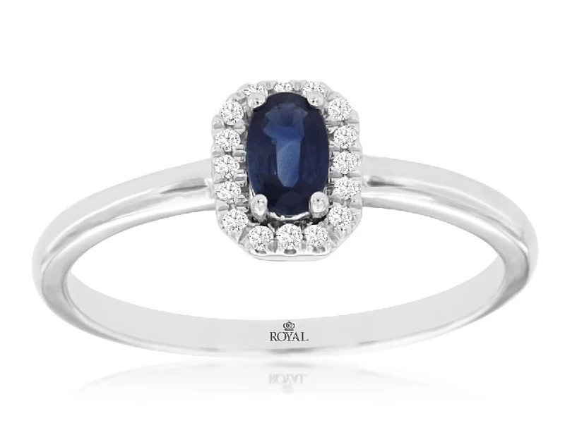 bridal ring set for women -Oval Sapphire and Diamond Halo Ring in 14k White Gold