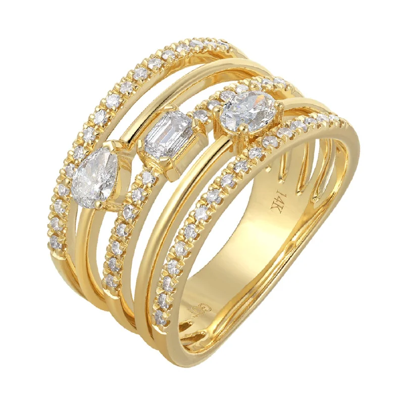 women’s cocktail ring with diamonds -Pear, Emerald Cut and Round Diamond Multi-row Ring Band in Yellow Gold, 0.75 cttw