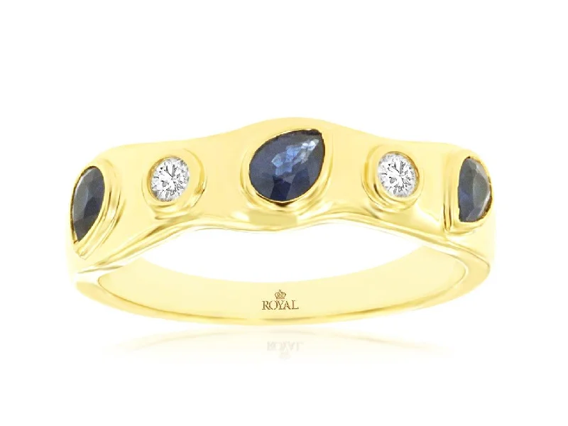 sterling silver wedding rings for men -Pear Shaped Sapphire and Round Diamond Wavy Ring Band in 14k Yellow Gold