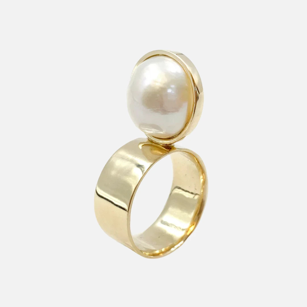 women’s gold ring with pearls -Perched Setting Ring With Pearl