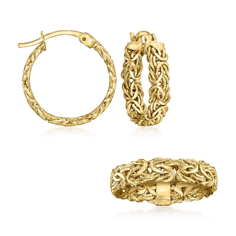 wedding rings for couples -Ross-Simons 18kt Gold Over Sterling Byzantine Jewelry Set: Hoop Earrings and Ring