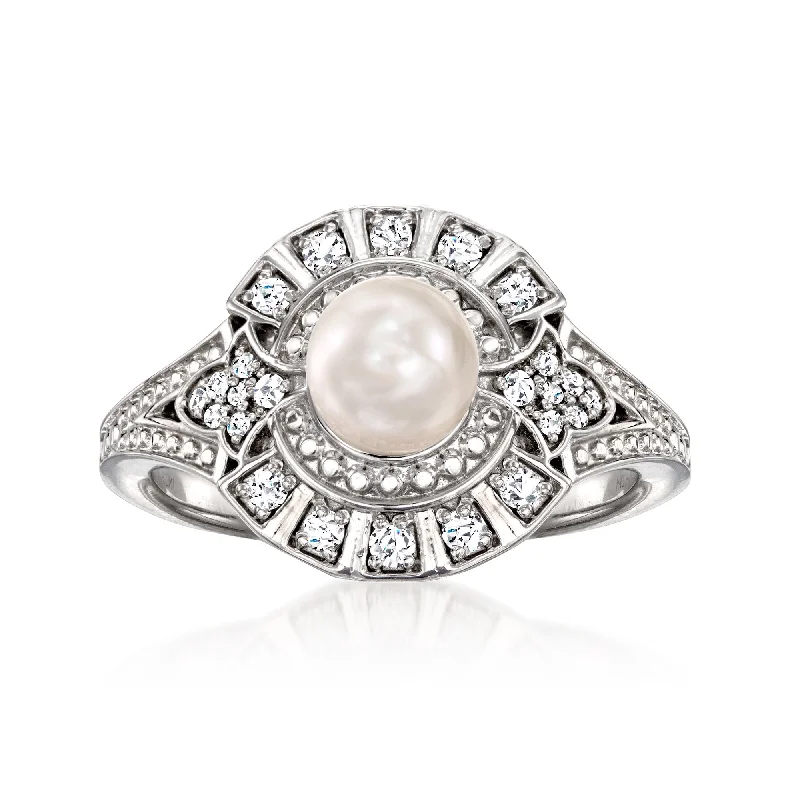 unique gold engagement ring for her -Ross-Simons 6-6.5mm Cultured Pearl and . Diamond Ring in Sterling Silver