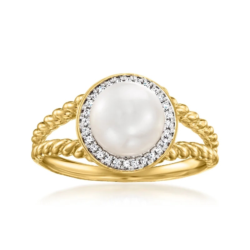 diamond solitaire ring for women -Ross-Simons 7.5-8mm Cultured Pearl Ring With Diamond Accents in 18kt Gold Over Sterling