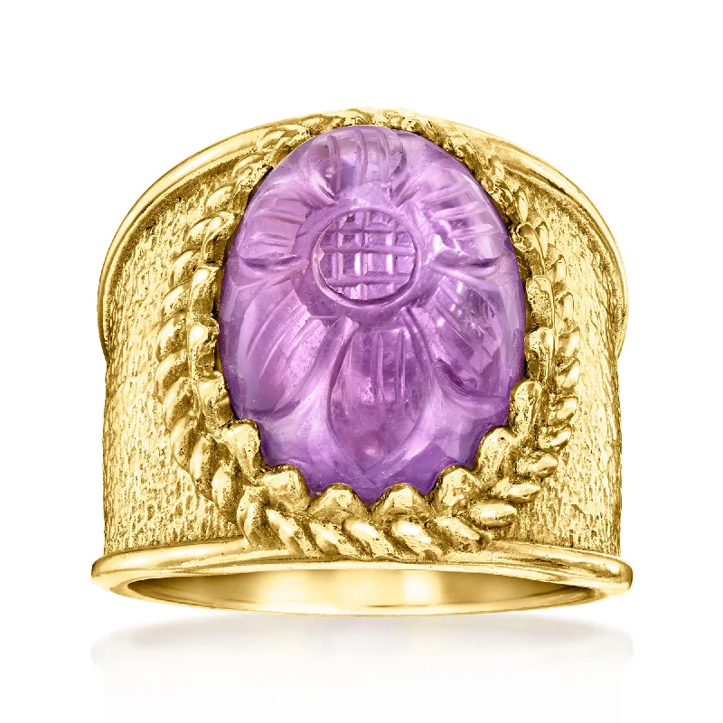 gold signet ring for men -Ross-Simons Amethyst Flower Ring in 18kt Gold Over Sterling