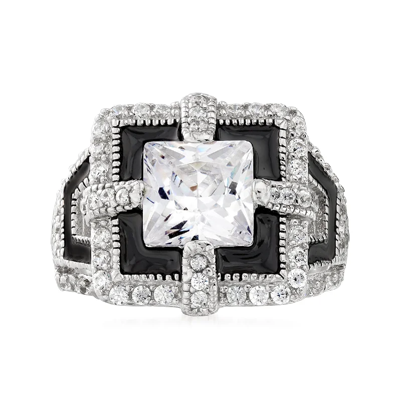 platinum engagement ring for women -Ross-Simons CZ Art Deco Ring With Black Enamel in Sterling Silver