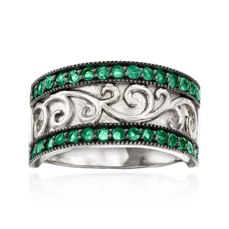 sterling silver engagement ring for men -Ross-Simons Emerald Milgrain Ring in Sterling Silver