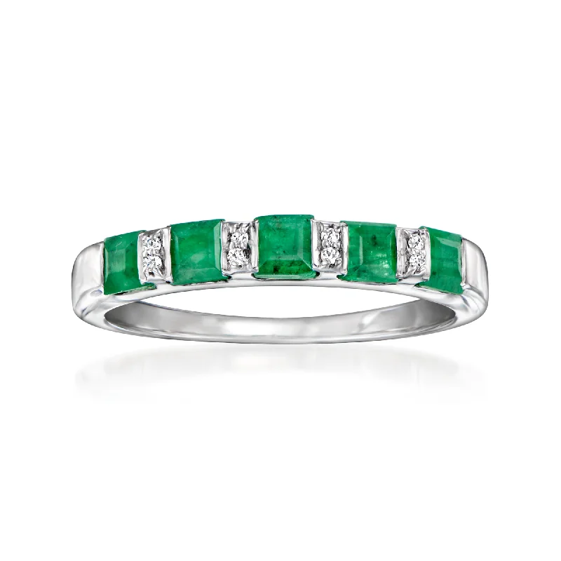 elegant diamond wedding ring for women -Ross-Simons Emerald Ring With Diamond Accents in Sterling Silver