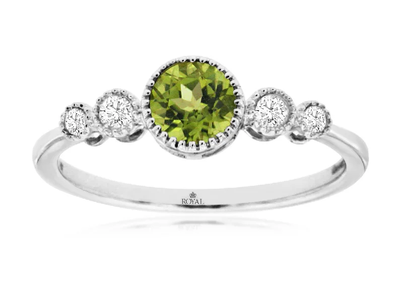 platinum wedding ring for men -Round 5mm Peridot and Diamond Bezel Set Ring in 14k White Gold