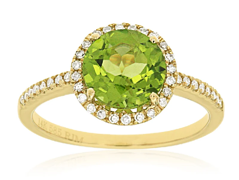 wedding rings for couples -Round 8mm Peridot and Diamond Halo Pave Ring in 14k Yellow Gold