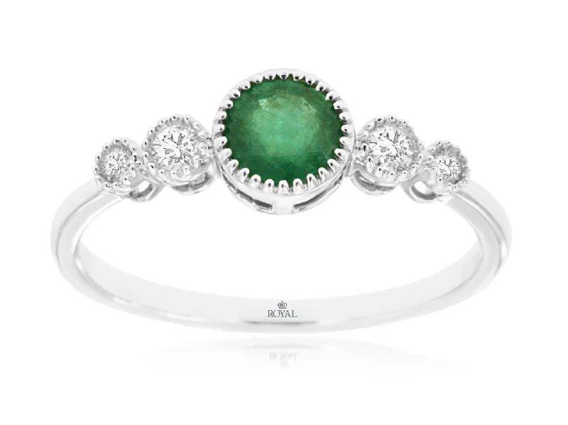 minimalist engagement ring for women -Round Emerald and Diamond Bezel Set Ring in 14k White Gold