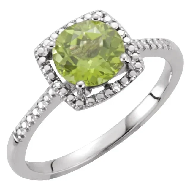 sapphire wedding ring for women -Round Natural Peridot Birthstone Ring with Diamond Halo Setting in Sterling Silver