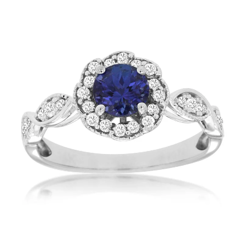 women’s silver stackable rings -Round Tanzanite Diamond Halo Ring with Marquise Diamond Band in White Gold