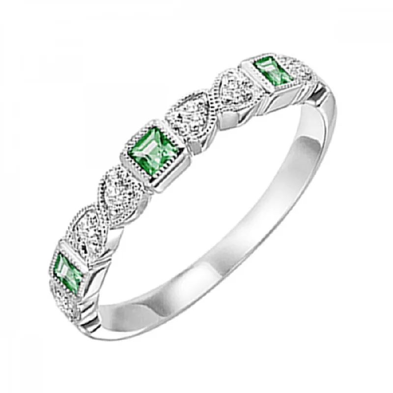 men’s wedding band with engraved message -Stackable Princess Cut Emeralds and Round Diamond Ring Band in 10k White Gold