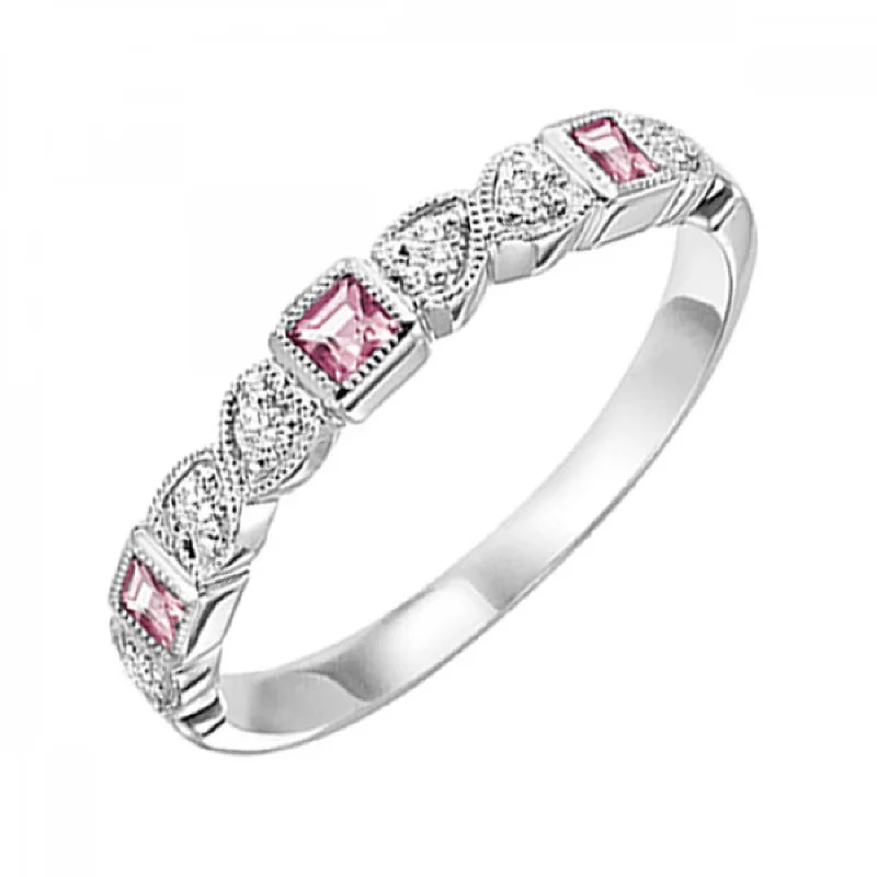 black wedding band for men -Stackable Princess Cut Pink Tourmalines and Round Diamond Ring Band in 10k White Gold