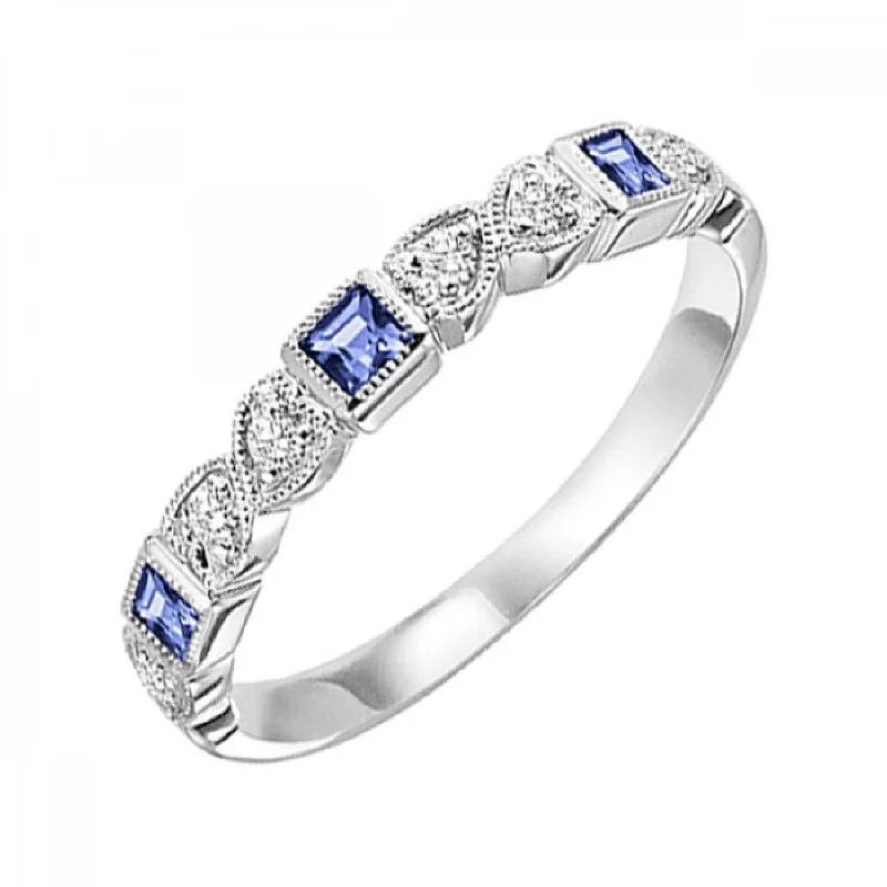 women’s vintage-inspired wedding ring -Stackable Princess Cut Sapphire and Round Diamond Ring Band in 10k White Gold