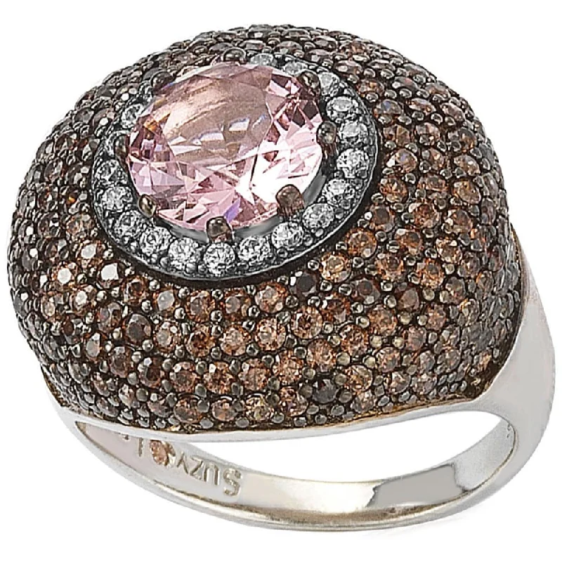 rose gold diamond ring for women -Suzy Levian Sterling Silver Pink and Brown Cubic Zirconia Halo Pave Ring