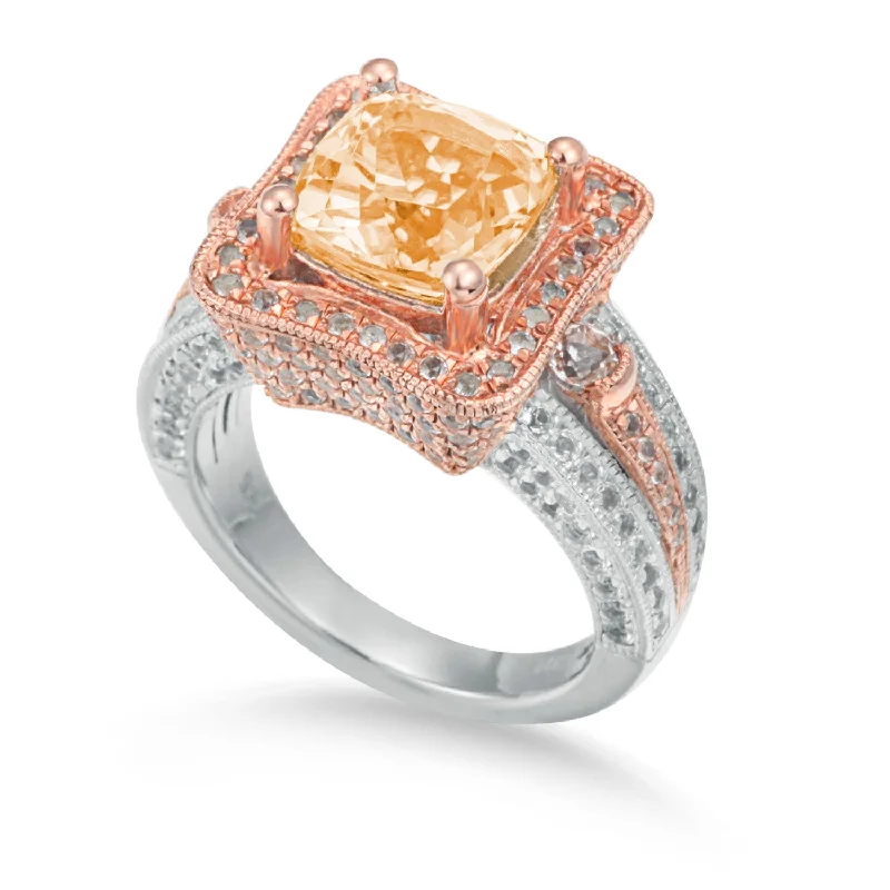 women’s ring with emerald stones -Suzy Levian Two-Tone Sterling Silver 5.57 cttw Cushion Cut Orange Citrine Ring