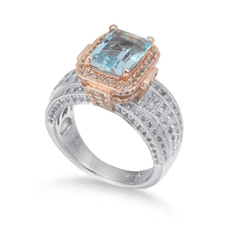 adjustable sterling silver ring for men -Suzy Levian Two-Tone Sterling Silver 5.83 TCW Blue Topaz Ring