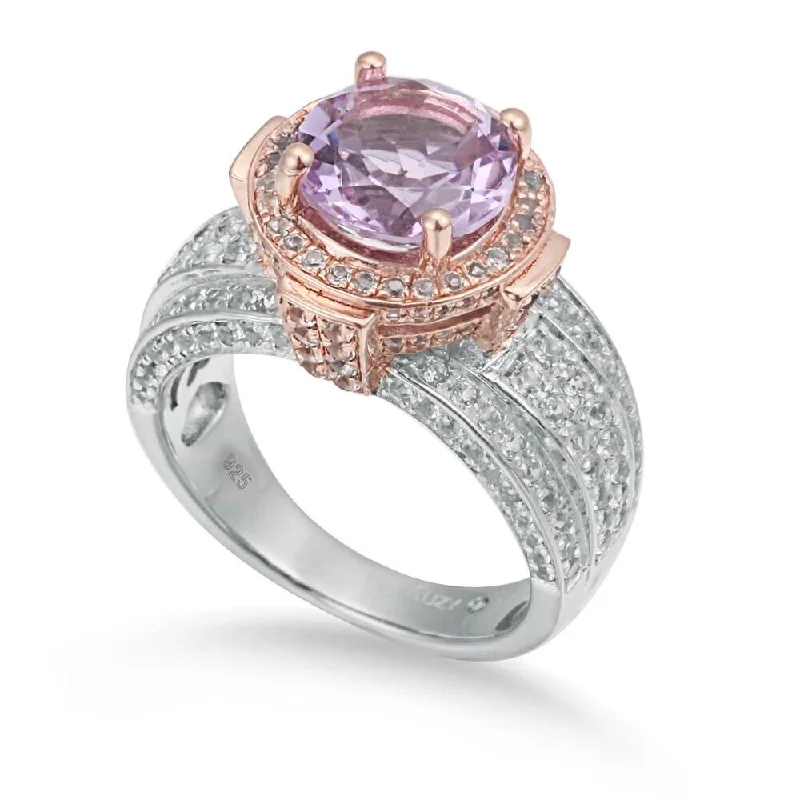 custom gold wedding band for couples -Suzy Levian Two-Tone Sterling Silver Round 4.85 TCW Purple Amethyst Ring