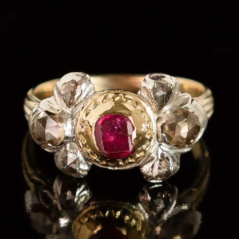 custom birthstone ring for men -Georgian Table-Cut Ruby + Rose Cut Diamond Ring