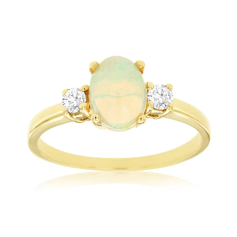 sapphire ring for wedding -Three Stone Oval Ethiopian Opal and Round Diamond Ring in Yellow Gold