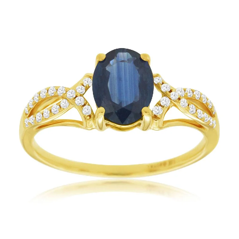 women’s silver ring with crystals -Vintage Inspired Blue Oval Sapphire Crossover Diamond Band Ring in Yellow Gold