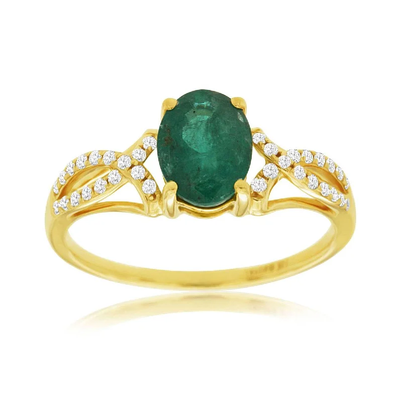 women’s statement rings for parties -Vintage Inspired Green Oval Emerald Crossover Diamond Band Ring in Yellow Gold