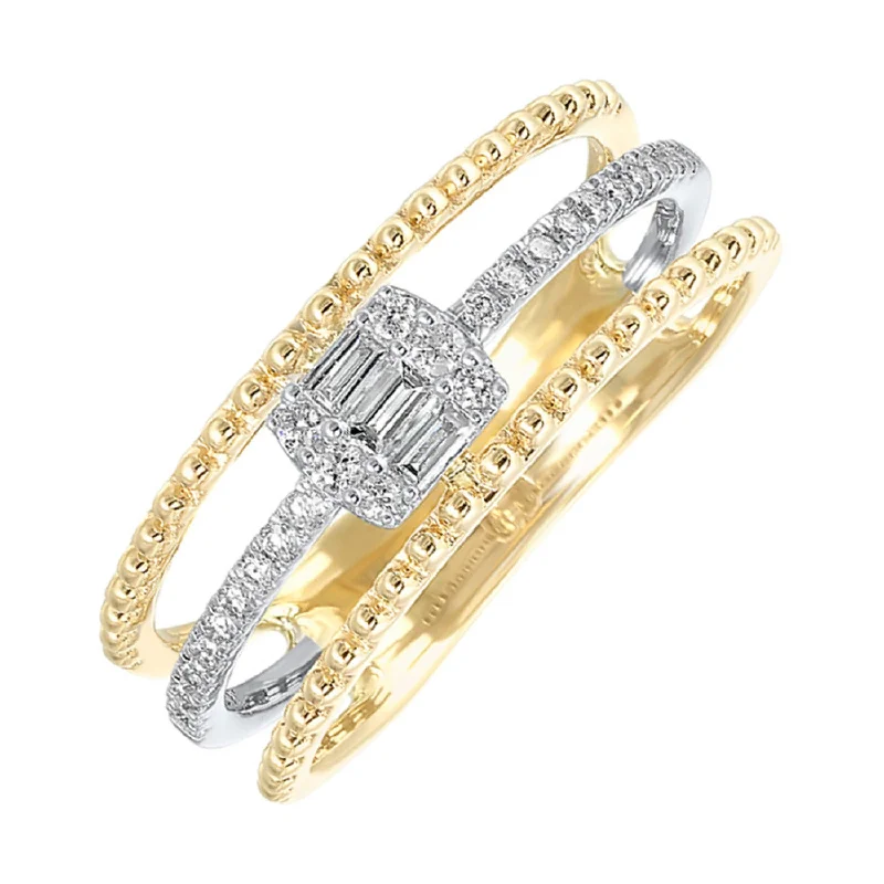 platinum engagement ring for women -Yellow and White Gold Diamond Multi-Row Beaded Band with Baguette Diamonds, 0.5 cttw