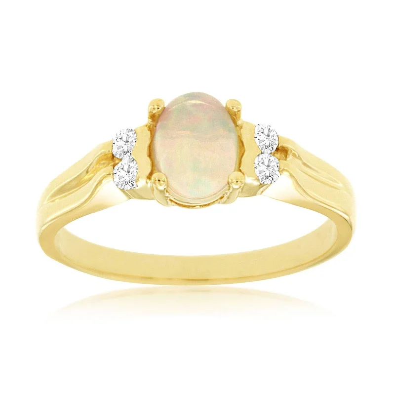 heart-shaped engagement ring for her -Yellow Tone Oval Cabochon Ethiopian Opal and Diamond Ring in Yellow Gold