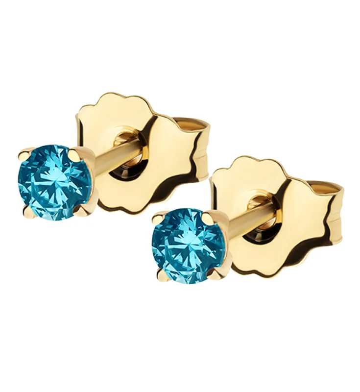 personalized stud earrings for gifts -14kt Gold March Birthstone Aquamarine CZ Stud Earrings