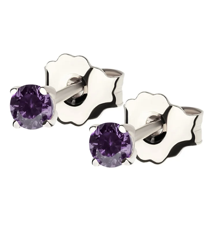 men’s gold stud earrings -14kt White Gold February Birthstone Amethyst CZ Stud Earrings